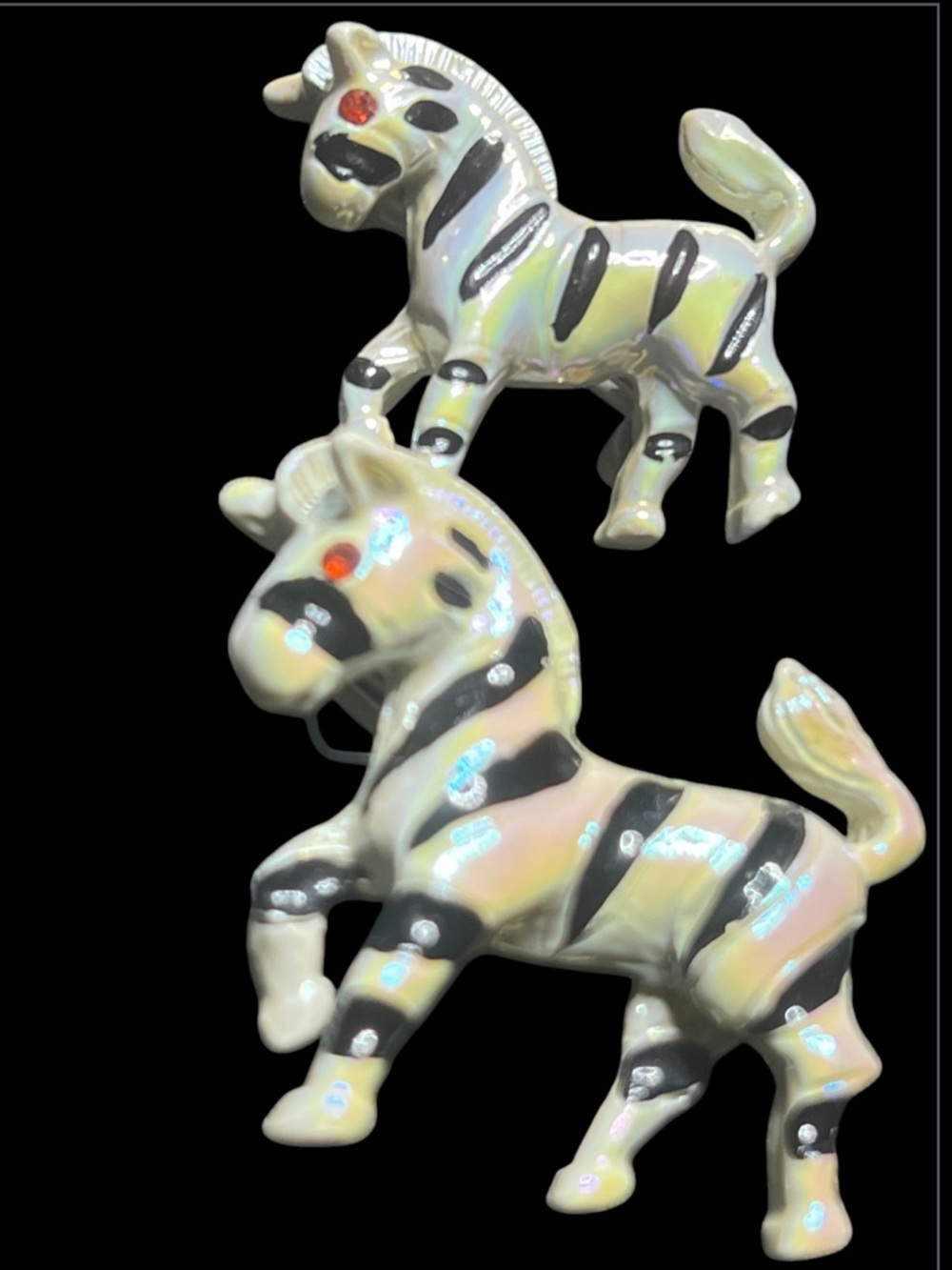 Vintage Iridescent Enamel Zebra Scatter Brooch Pin Set with Black Stripes MINT